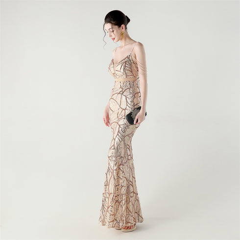 Graceful Sequin Embellished Mesh Mermaid Maxi Dress